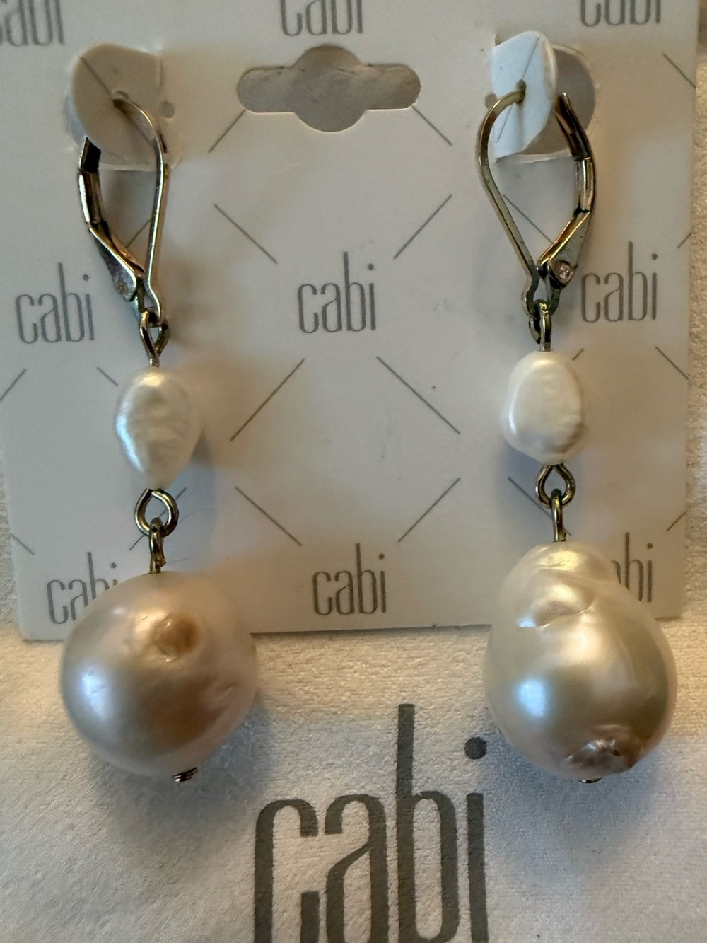 CAbi Cream Pearl Double-Drop Earrings with Lever Backs